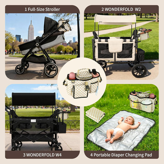Universal Parent Console Stroller Organizer with Removable Cooler Bag & Changing Mat, Extra Large Wagon Caddy Accessories Fit for Wonderfold W4, Keenz, Jeep, Graco, Double Strollers (Checkerboard)