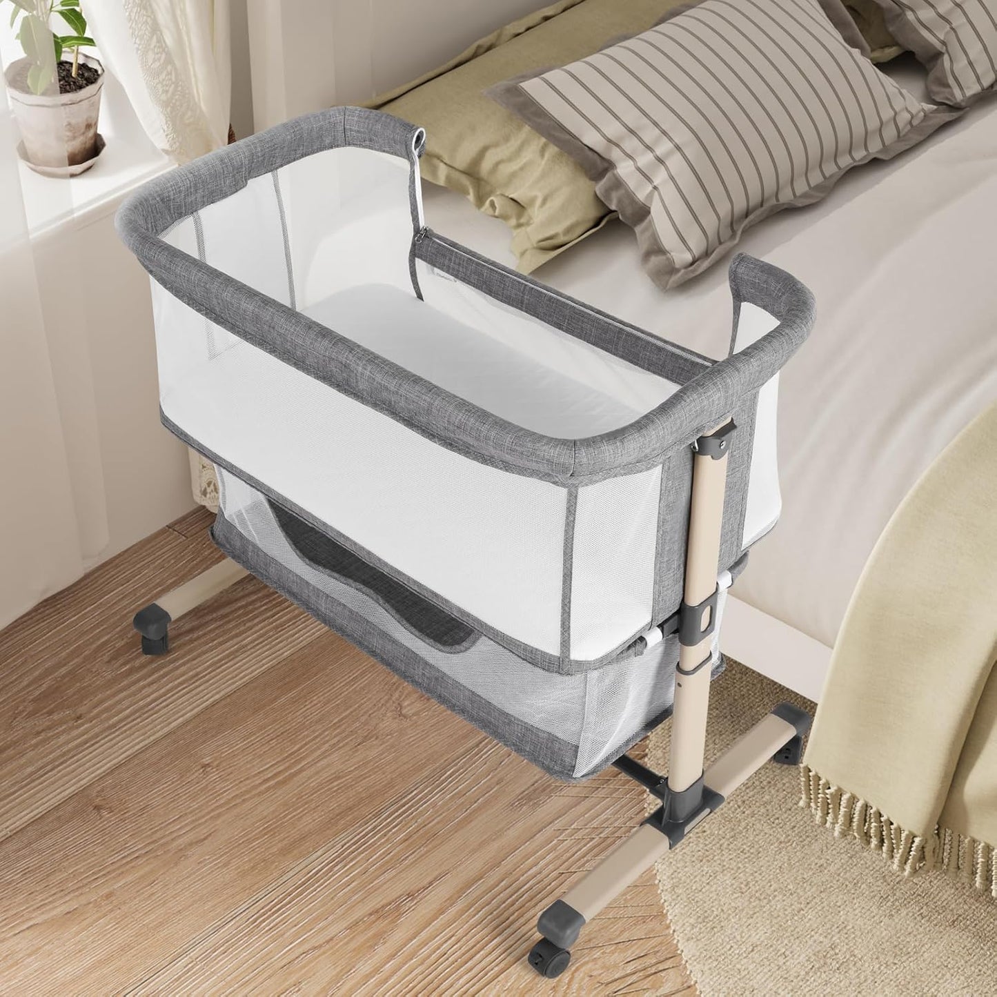 Cowiewie Bassinet Bedside Sleeper, Portable, Breathable, Adjustable Baby Bedside Bassinet for Peaceful Nights, Light Grey