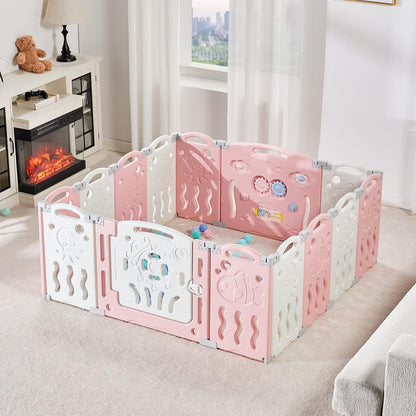 Albott Baby Fence Kid Playpen 18 Panel Albott Play Yard - Foldable Kids Safety Activity Center Playard Safety Lock Gate,Adjustable Shape, Portable Design for Indoor and Outdoor (18 Panel, Grey+White)