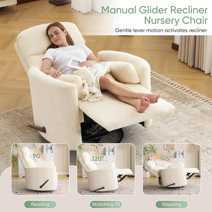Oversized Swivel Rocker Recliner Chair with Heat and Massage, Rocking Chair with Adjustable Headrest, Manual Recliner, Glider Recliner with 2 Pillows, Chenille White