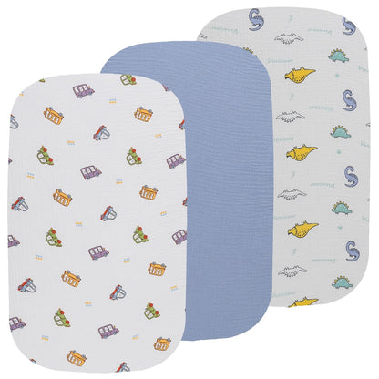 Onacosht Muslin Bassinet Sheets 3 Pack, 100% Cotton Baby Fitted Sheet 33" x 19" Compatible with Mika Micky, KoolaBaby (3 in 1), BabyBond, HARPPA and RICUTON Bedside Bassinet, Green, Floral and Cactus
