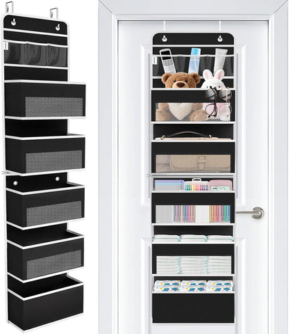 WISELIFE Over The Door Organizer Storage 4 Shelves Large Capacity Hanging Bedroom Storage Solution with 6 Side Pockets for Dorm Bathroom Pantry Nursery and Baby Essentials Holds up to 40 Lbs (Black)