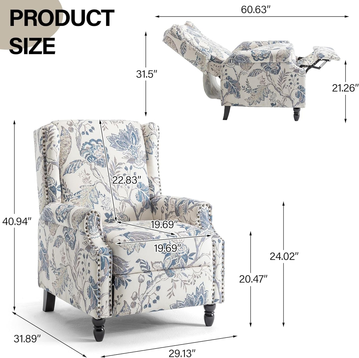 Swivel Rocker Recliner Chair, Manual Nursery Glider Recliner, Floral Fabric Wingback Accent Chair with Adjustable Backrest & Footrest for Small Spaces Living Room Bedroom (Plants Floral, Set of 1)