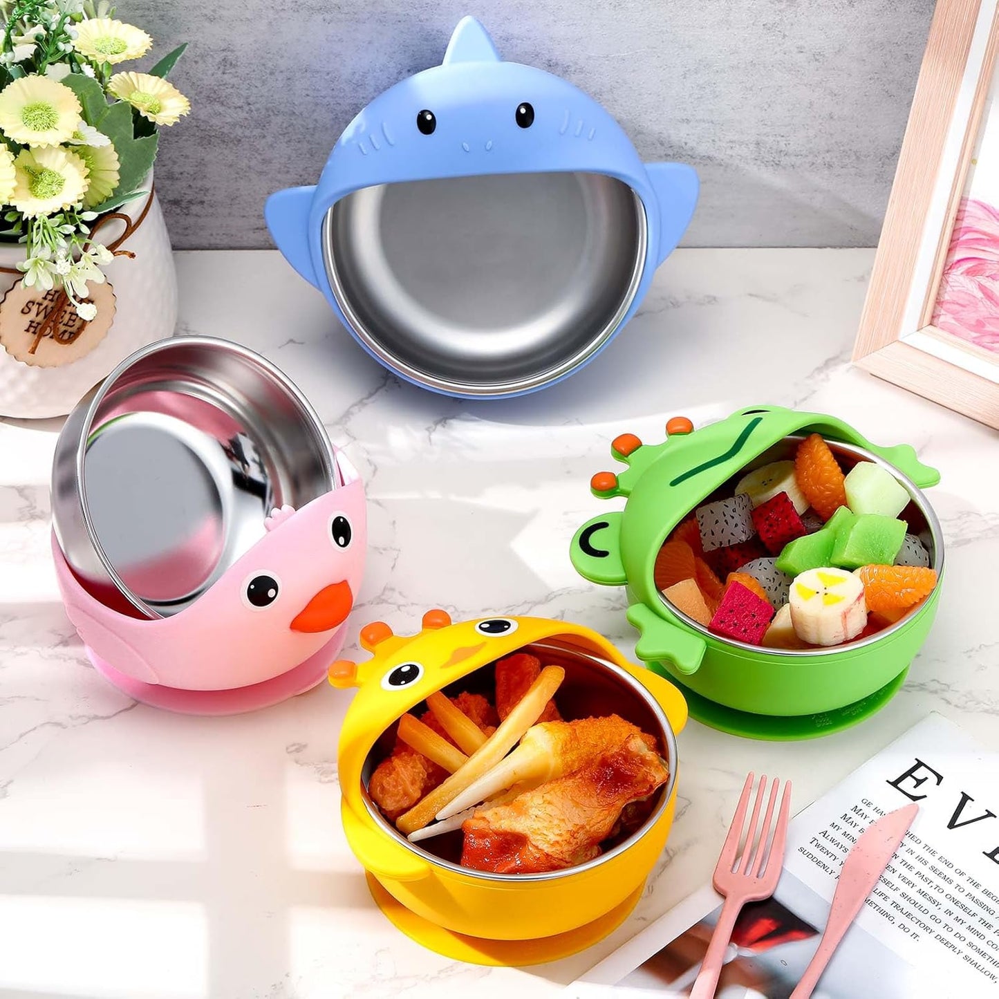 Nuogo 4 Packs 304 Stainless Steel Baby Bowls with Silicone Sleeve Kids Toddler Food Bowls with Suction Anti Slip Cute Animal safe Design for Baby Feeding Soup Noodle Pasta Snack