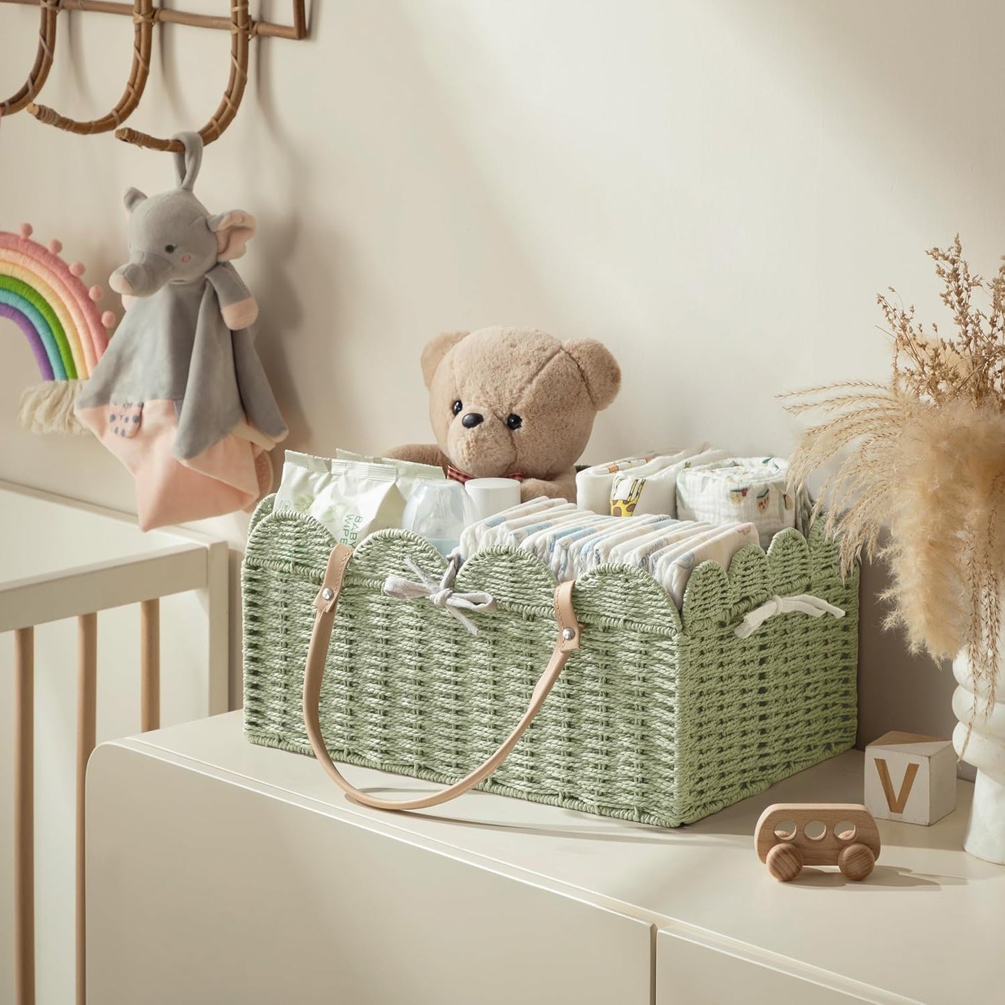 HBlife Large Baby Diaper Caddy, Paper Rope Storage Baskets Nursery Bin with Removable Divider, Portable Car Organizer for Diapers, Baby Shower Gifts, Newborn Essentials Must Haves