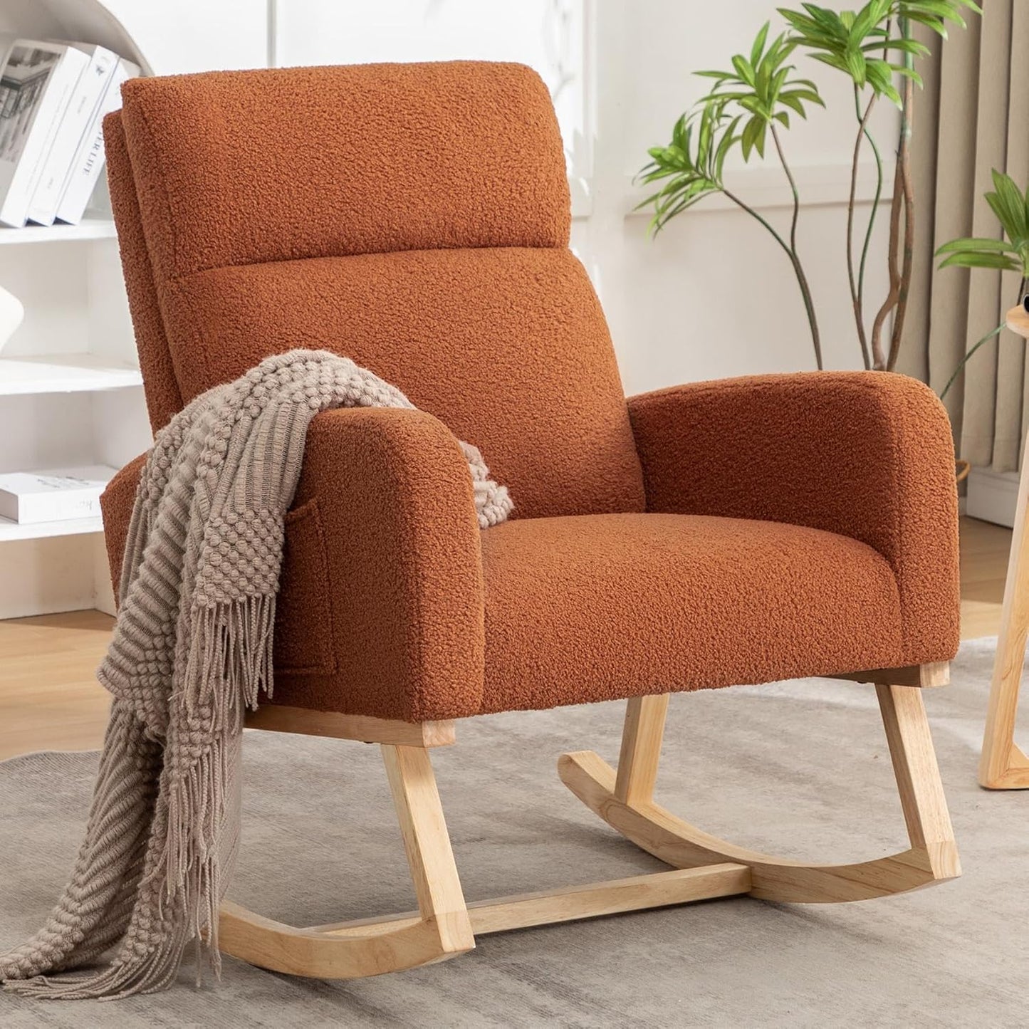 HCHAIRH Rocking Chair Nursery, Upholstered Fabricr Nursing Rocking Chairs with Soft High Back, Modern Nursery Glider Rocker for Mom Living Room, Bedroom, Camel
