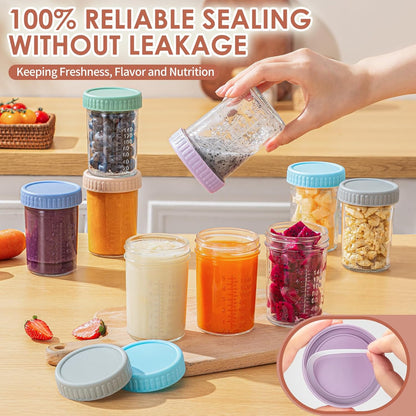 DRKIO 12 Pack Glass Baby Food Storage Containers - 4 Oz Baby Food Jars with Lids Baby Food Maker Microwave Dishwasher Freezer Safe 100% Leak Proof BPA Free Reusable