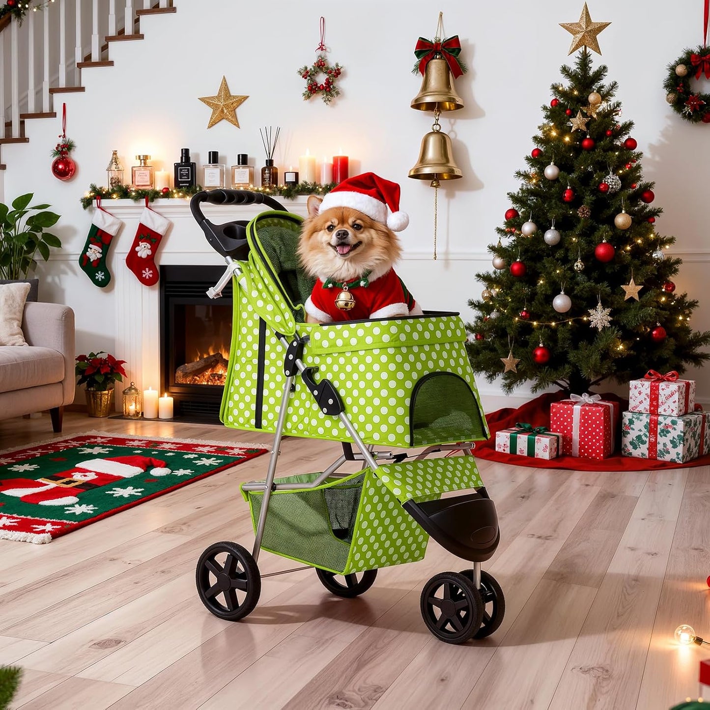 MoNiBloom Foldable Pet Stroller with Weather Cover, 3 Wheels Pet Strolling Cart for Small/Medium Dogs and Cats with Storage Basket and Cup Holder, Breathable and Visible Mesh for All-Season, Black