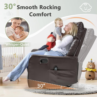 cinkehome Swivel Rocker Recliner, Glider Rocker Recliner Chair for Nursery, Manual Reclining Chair with Heated Massage, Small Spaces, Living Room, Khaki Chenille