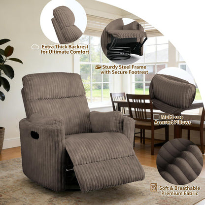 Oversized Swivel Rocking Chair, Manual Large Rocker Recliner Chairs for Adults, Corduroy Nursery Glider Barrel Chair with 2 Pillows, Wide Recliner for Living Room, Bedroom, Nursery, White