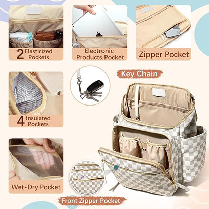 Omanmoli Checkered Diaper Bag Backpack Large Baby Diaper Bag Leather with 17 Diaper Bag Organizing Pouches,Changing Pad,Stroller Straps,4 Insulated Pockets,Beige&Honey
