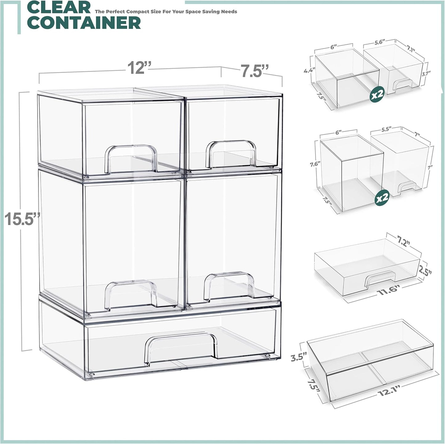 Sorbus Stackable Acrylic Storage Drawers – 2 Small + 2 Tall + 1 Wide – 5 Pack Clear Plastic Organizer Bins for Baby Bottles, Makeup, Bathroom & Vanity, Pull-Out Drawer Design for Kitchen Cabinets