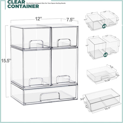 Sorbus Stackable Acrylic Storage Drawers – 2 Small + 2 Tall + 1 Wide – 5 Pack Clear Plastic Organizer Bins for Baby Bottles, Makeup, Bathroom & Vanity, Pull-Out Drawer Design for Kitchen Cabinets