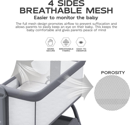 BabyBond Baby Bassinet, 3 in 1 Bassinet Bedside Sleeper with Washable Soft Mattress and Sheet, 6 Height Adjustable Bedside Crib, 4-Sided Mesh Bedside Bassinet for Baby