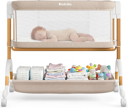 Ezebaby 3 in 1 Baby Bassinet Bedside Sleeper, Rocking Bassinet for Baby with Comfy Mattress & Breathable Full Mesh Sides, 7 Height Adjustable | Portable Crib for Newborns with Lockable Wheels