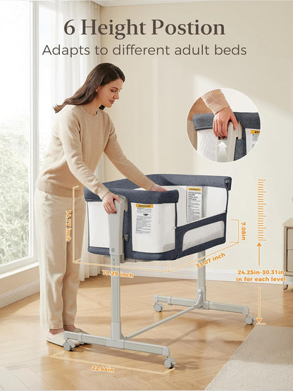 ONTHEWEI Baby Bassinet Bedside Sleeper 3-in-1, Easy Night Feeding with One-Side Fold & Rolling Wheels, Breathable Mesh, 6-Height Adjustable, Soft Mattress for Newborns