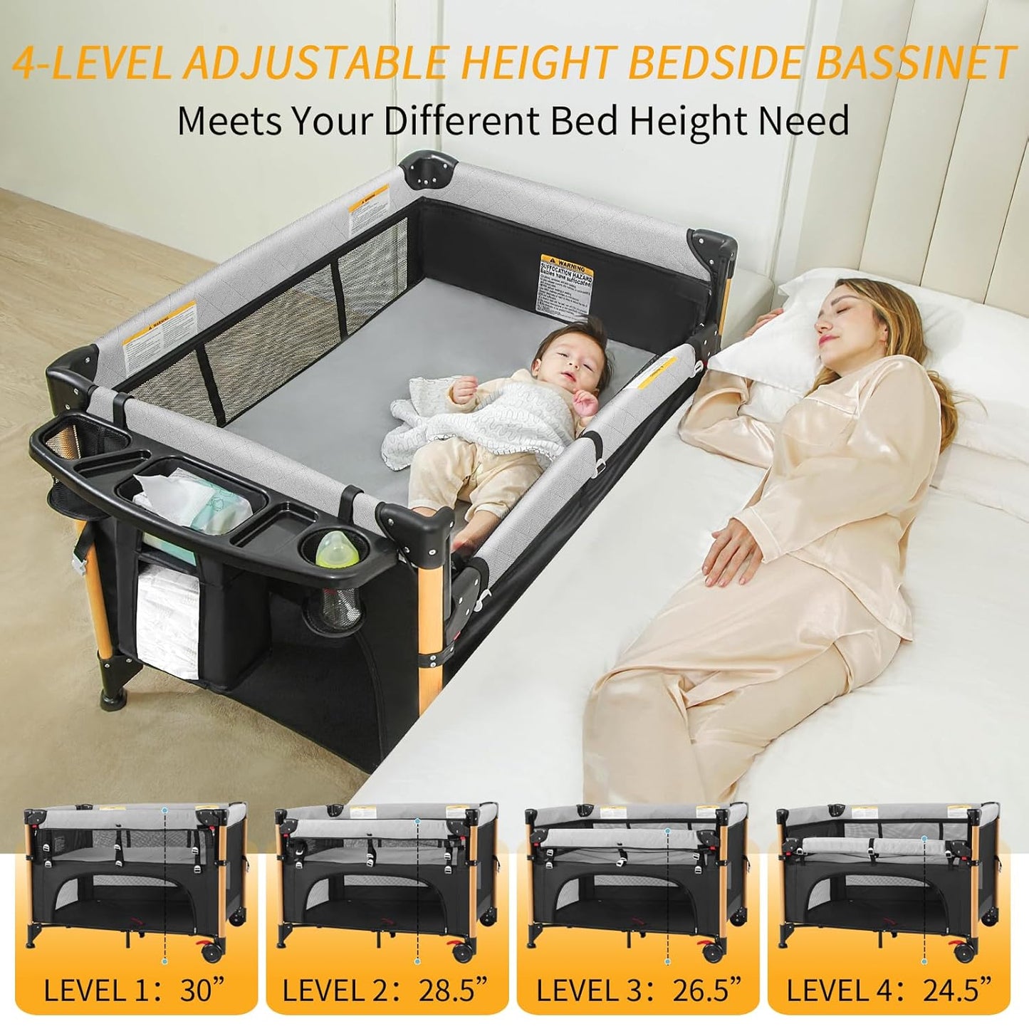Baby Bassinet Bedside Crib with One-Hand Setup 5-in-1 Foldable Pack n Play for Travel, Portable Baby Bassinet with Diaper Changer & Adjustable Mattress for Newborn to Toddler (Grey)