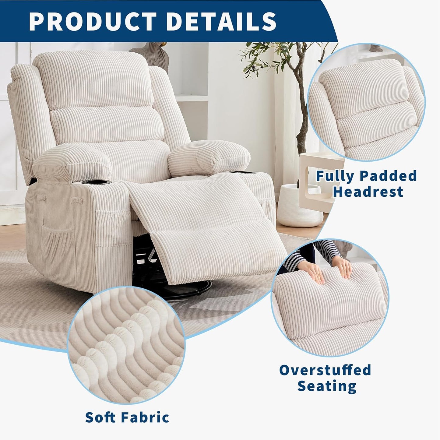 Rocking Recliner Chair for Adults Wide 360° Swivel Rocker Recliner with Cup Holder Nursery Glider with Upholstered Deep Seat Linen Lazy boy Chair for Living Room Browm
