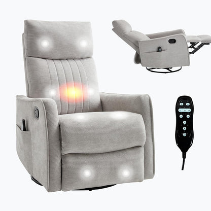 Casaphoria 360° Swivel Rocking Recliner Chair with Heat and Massage Upholstered Fabric Nursery Glider with Side Pocket for Living Room,Bedroom,Home Theater and RV Small Space(Light Gray)