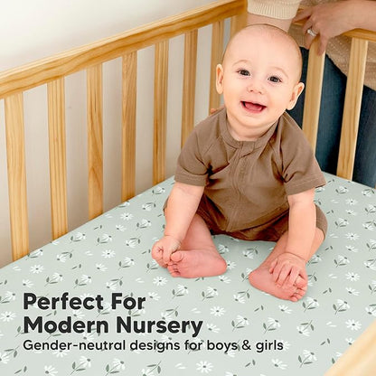 2-Pack Waterproof Baby Crib Sheets for Boys, Girls - 52x28 Viscose Derived from Bamboo Toddler Bed Sheet Neutral, Fitted Crib Mattress Protector Cover for Baby Bedding, Soft & Gentle (Daisies)