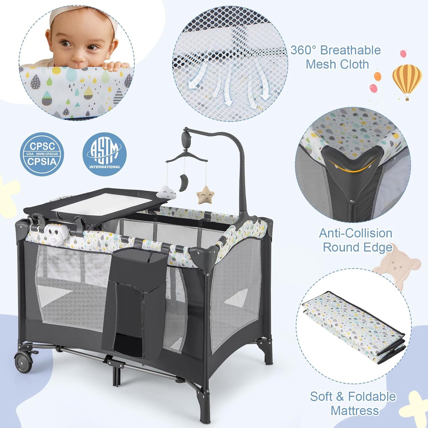 HONEY JOY Pack and Play, 4 in 1 Portable Baby Playard with Bassinet, Changing Table, Lockable Wheels, Music Box, Foldable Travel Baby Crib Nursery Center from Newborn to Toddler (Dark)
