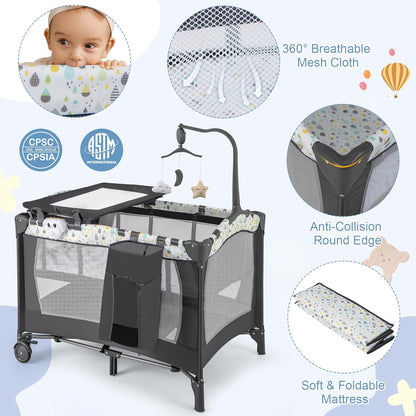 HONEY JOY Pack and Play, 4 in 1 Portable Baby Playard with Bassinet, Changing Table, Lockable Wheels, Music Box, Foldable Travel Baby Crib Nursery Center from Newborn to Toddler (Dark)