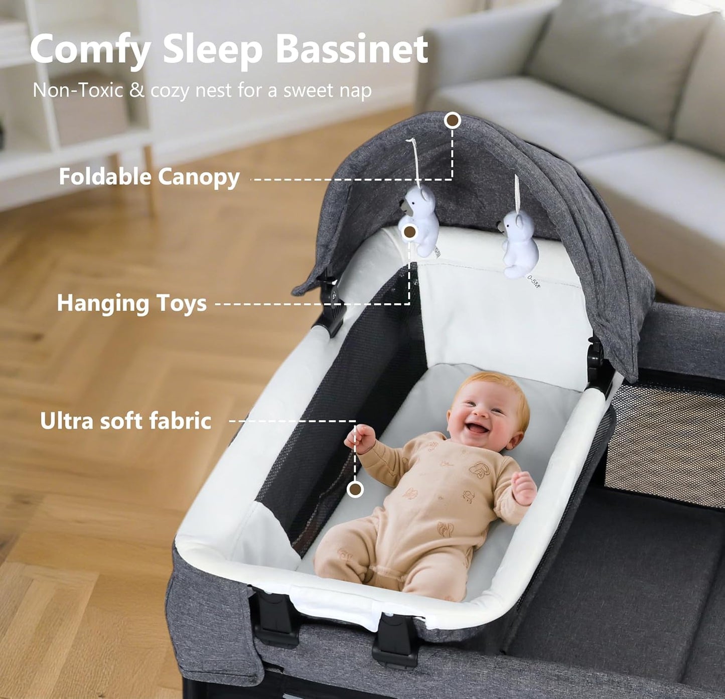 Kinder King 4 in 1 Foldable Pack and Play with Bassinet & Changing Table, Portable Playard for Babies and Toddlers, Adjustable Canopy, Storage Bag, Light Gray