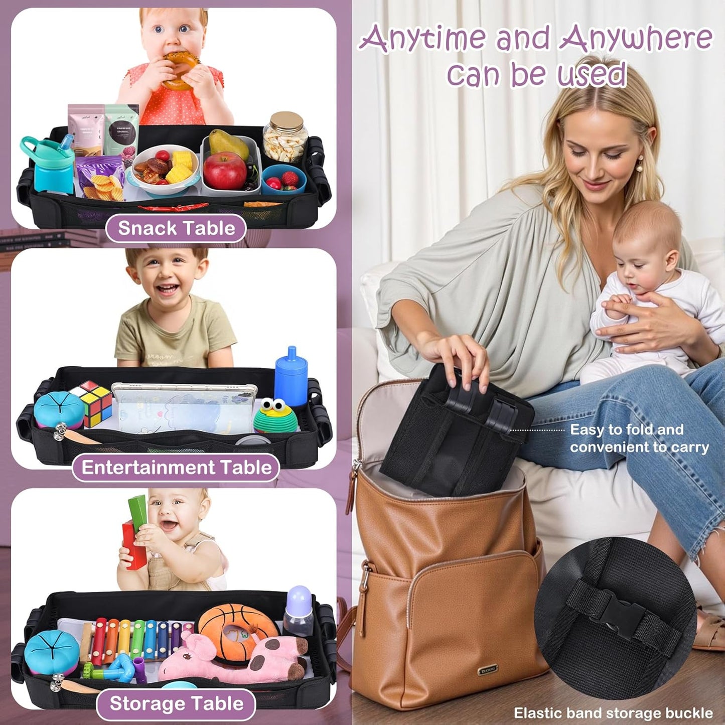 Babenest Stroller Snack Tray for Wonderfold Wagon W2, Foldable Thickened Snack Tray with Cup Holder, Storage Mesh Bag & Pen Slot, Easy to Clean Snack Board for Drawing