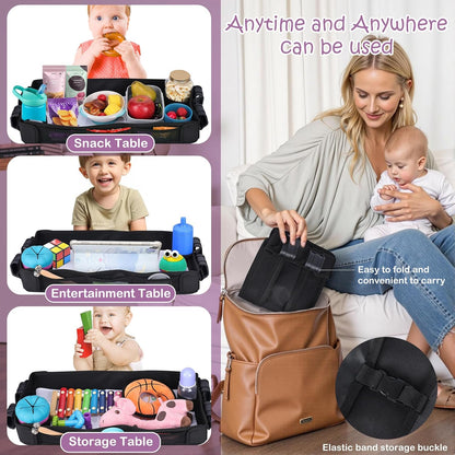 Babenest Stroller Snack Tray for Wonderfold Wagon W2, Foldable Thickened Snack Tray with Cup Holder, Storage Mesh Bag & Pen Slot, Easy to Clean Snack Board for Drawing