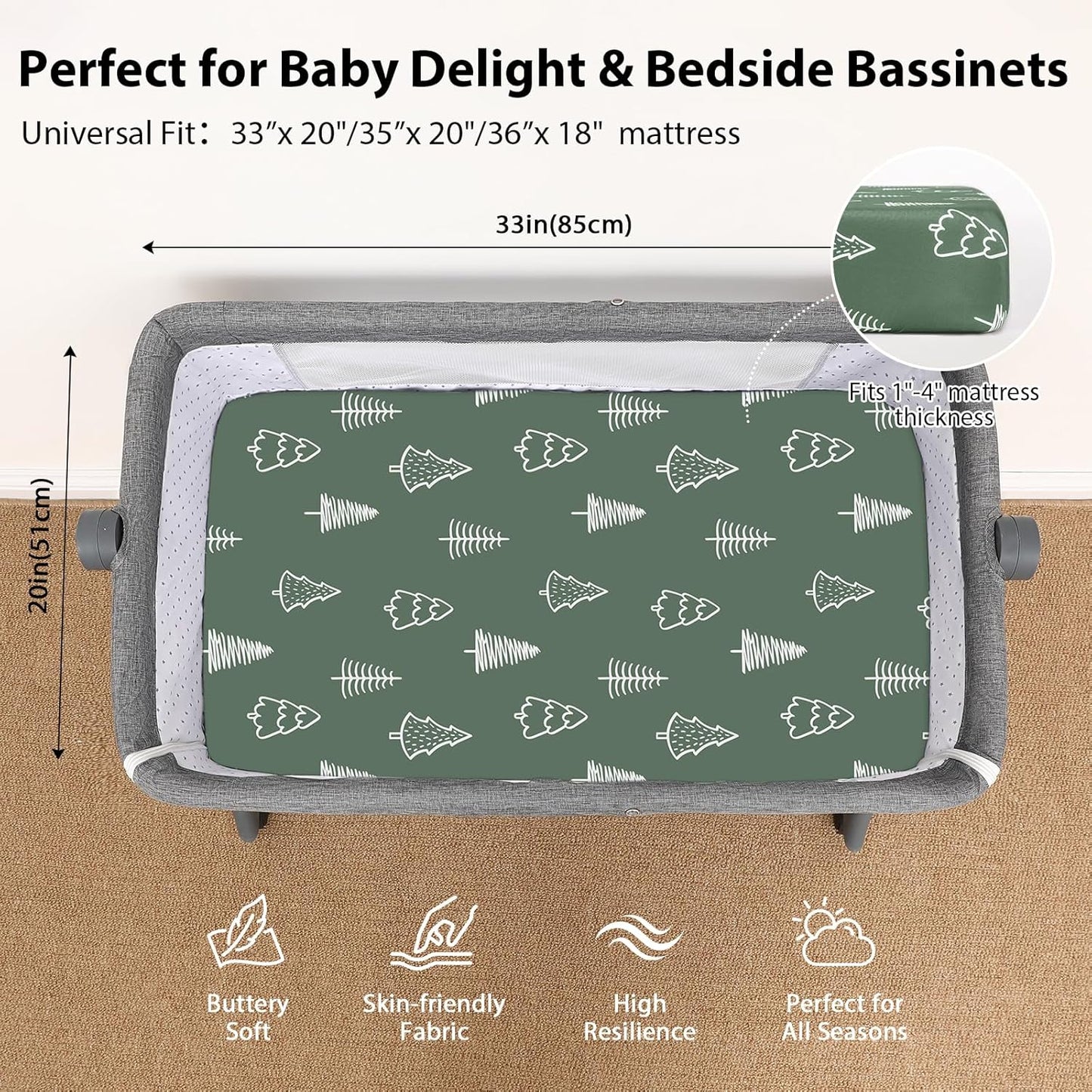 Baby Bedside Bassinet Sheets Girl, 33”x20” Compatible with Baby Delight Dream On Me & Most Rectangle Bedside Sleeper Bassinet Mattress, Super Soft Microfiber Pink Butterfly Flower