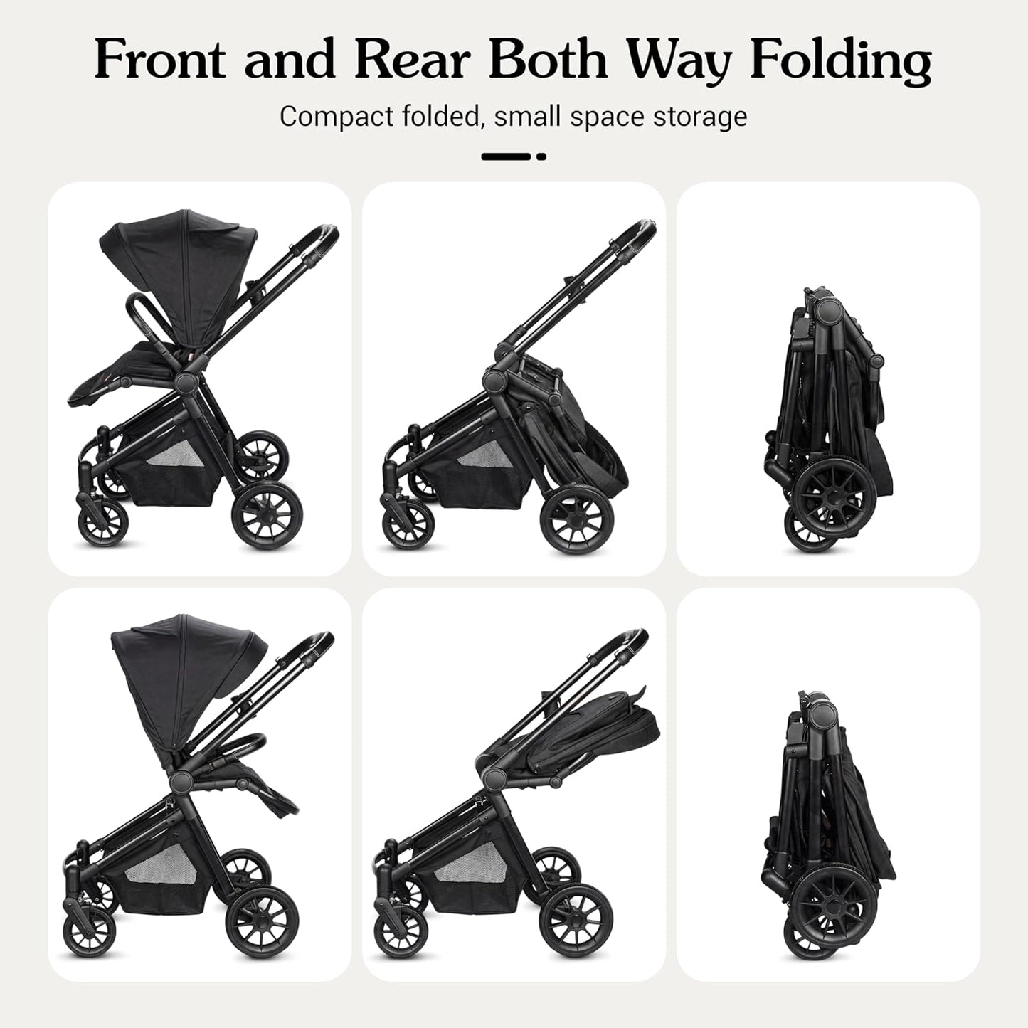 Lightweight High-View Baby Stroller, One-Hand Fold & Compact Storage, Convertible Seat, 5-Point Safety Harness, Foldable Infant Stroller, Grey