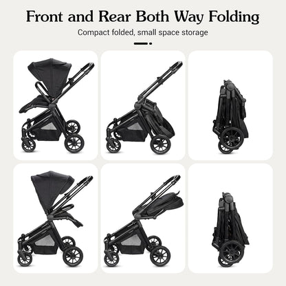 Lightweight High-View Baby Stroller, One-Hand Fold & Compact Storage, Convertible Seat, 5-Point Safety Harness, Foldable Infant Stroller, Grey