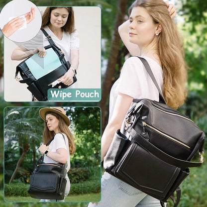 MOMINSIDE Diaper Bag Backpack, Convertible Hobo, Large Baby Bag with 14 Pockets, 6 Bottle Pouches, Wipes Pouch, Insulated Pockets (Black)