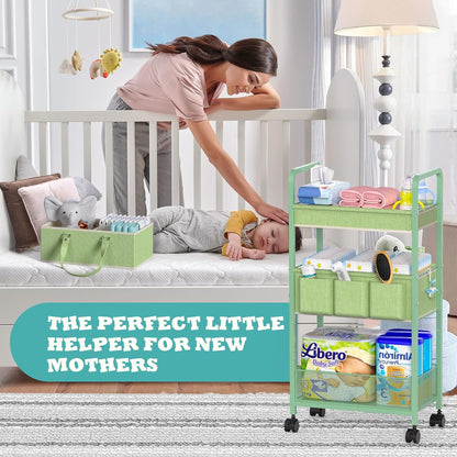 LIDTOP 2In1 Baby Diaper Caddy & 3-Tier Rolling Diaper Cart, Diaper Caddy Organizer Cart with Dividers, Mobile Metal Utility Cart for Nursery Essentials, Detachable Bedside Cart, Large Capacity