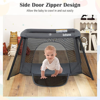 INFANS Travel Crib, Portable Baby Playpen with Removable Bassinet Soft Mattress Carry Bag, Foldable Lightweight Playard Nursery Center for Newborns Toddlers (Dark Gray)