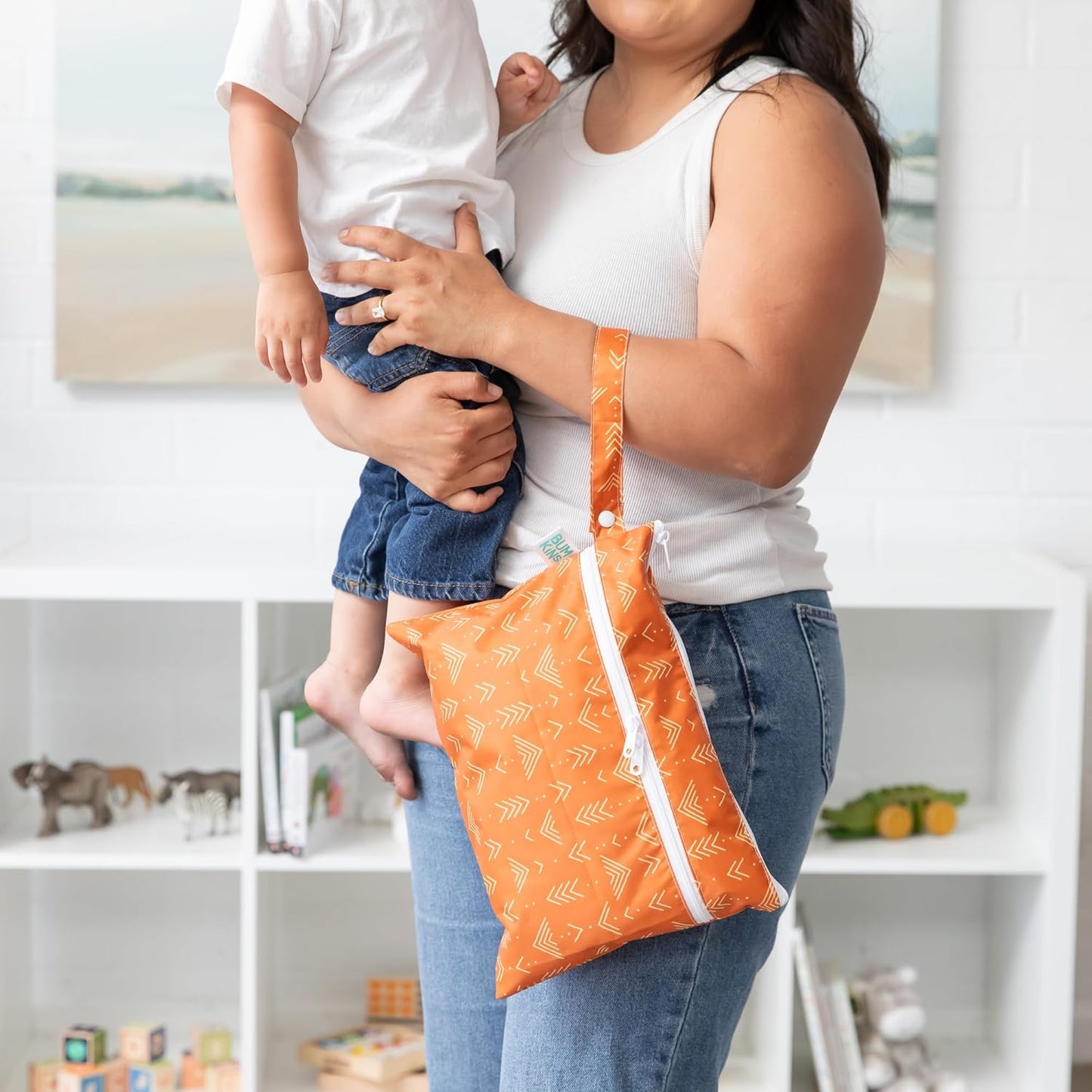 Bumkins Roamio Waterproof Wet Bag for Baby, Travel, Swim Suit, Cloth Diapers, Pump Parts, Pool, Beach, Gym Clothes, Toiletry, Hook to Stroller, Daycare, Zip Reusable Wetdry Packing Pouch, Multi Check - Colors B