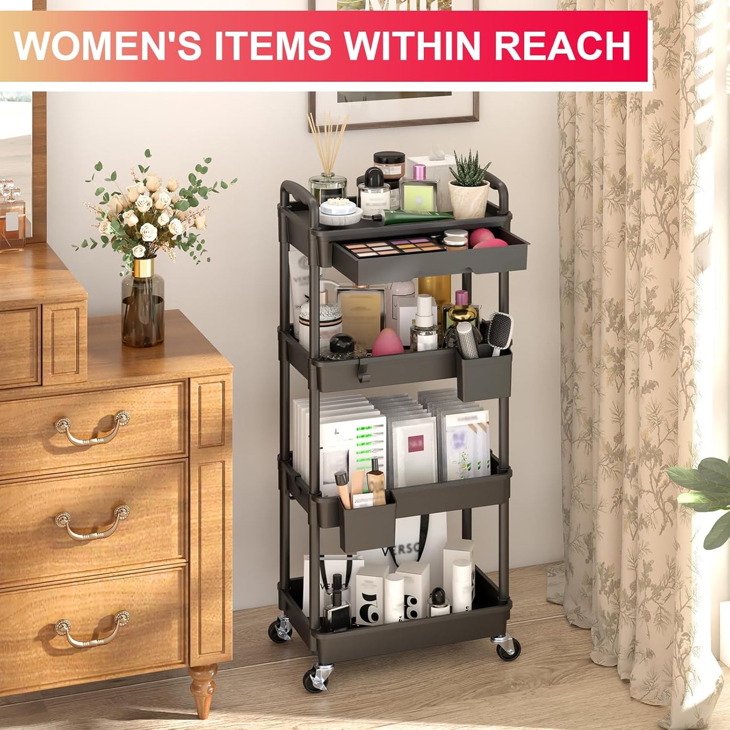 Goovilla 3 Tier Rolling Utility Cart Organizer with Removable Drawer, Stable and Sturdy White Rolling Storage Carts with 2 Lockable Wheels for Bathroom, Kitchen, Snack, Craft, Makeup, Baby Essentials