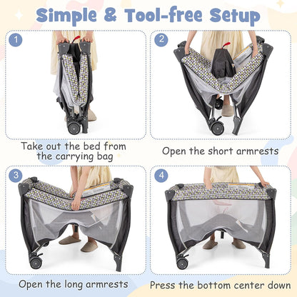 HONEY JOY Pack and Play with Bassinet, 4-in-1 Portable Baby Playard with Changing Table, Net & Cute Toys, Diaper Storage Bag, Music Box, Wheels with Brake, Foldable Newborn Play Yard w/Carry Bag