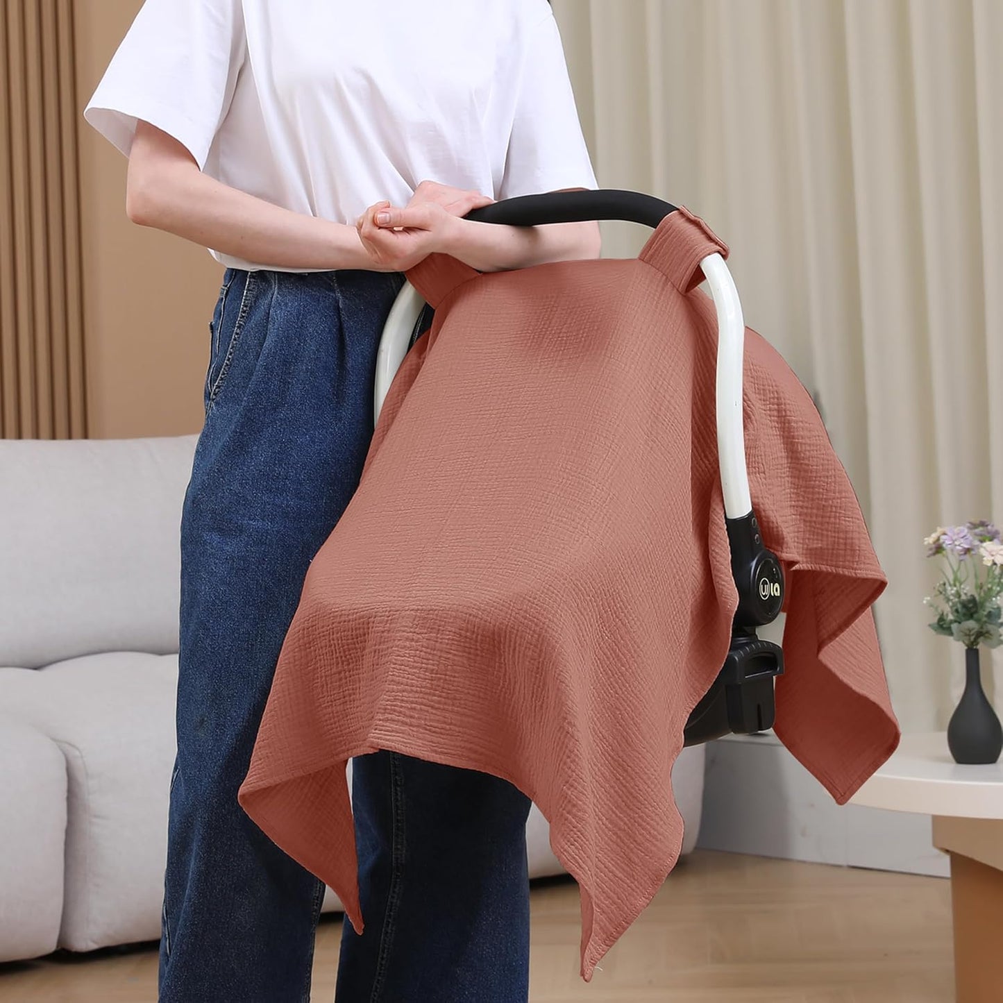100% Muslin Cotton Car Seat Cover Baby, Carseat Canopy Cover, Universal Fit Stroller Covers for Boys and Girls (Blue)