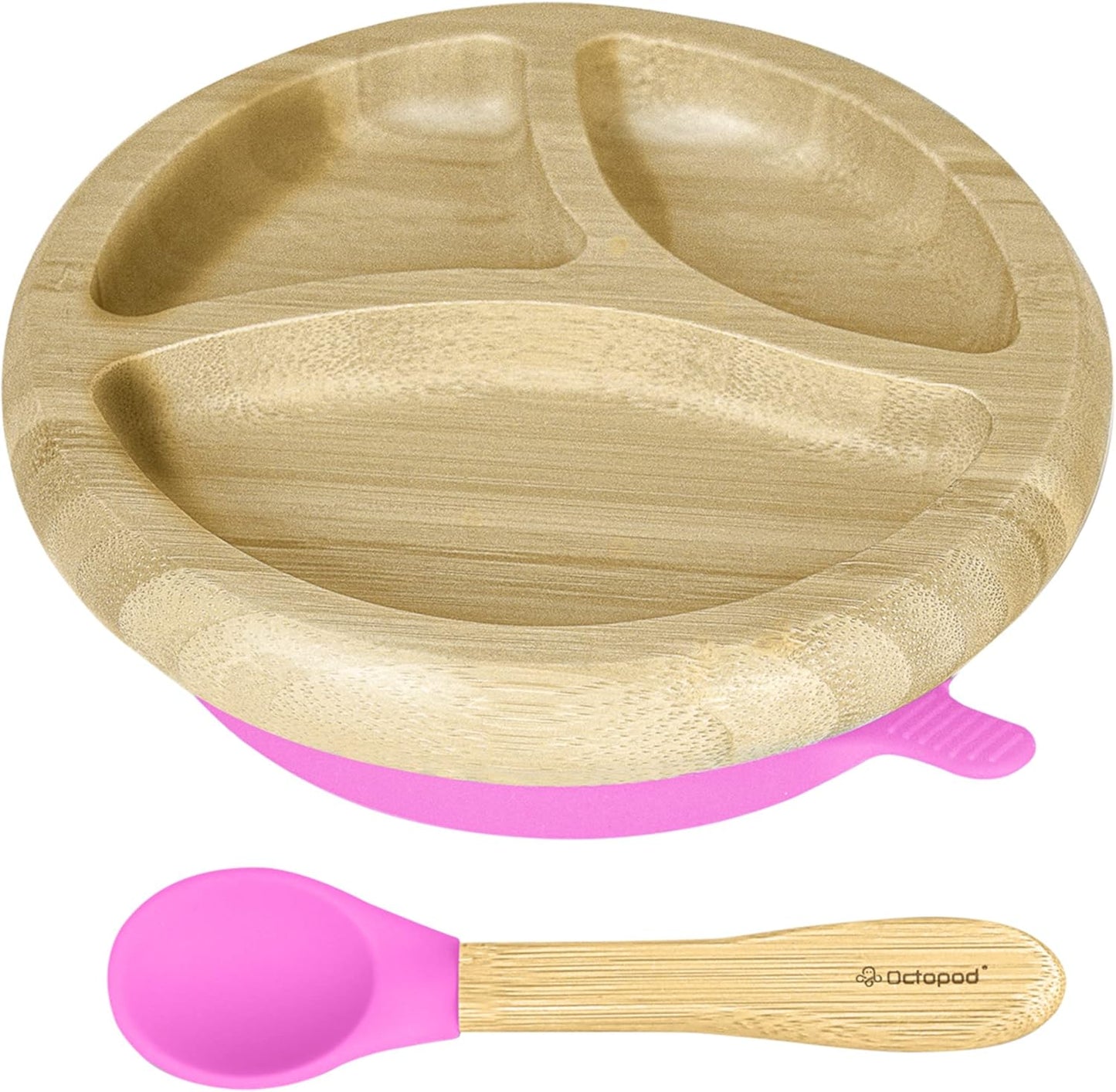 Abiie Octopod Bamboo Dish - Kids Plates for 4 months and up, 3-Compartment Baby Plates with Suction, Triangle Bamboo Baby Plate, Mess-Free Toddler Suction Plates, Baby Feeding Supplies, 8.3x1.9x7.7 in