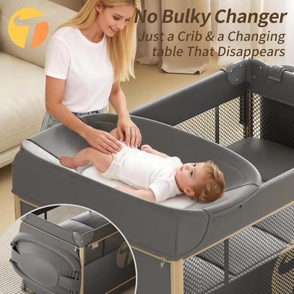 4-in-1 Pack and Play with Bassinet, Bedside Sleeper, Playard, and Changing Table, Folding Travel Crib with Musical Toy Rack & Bag, 4-Level Height Adjust, Newborn to Toddler（Ivy Gray）