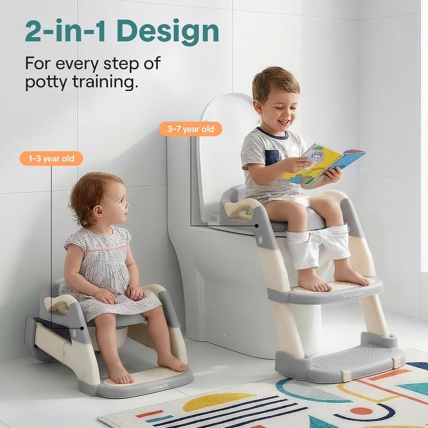 SereneLife 2-in-1 Potty Chair & Potty Training Seat with Step Stool Ladder - Height Adjustable Kids/Toddler Toilet Seat with Stable Anti-Slip Design, Cushioned Seat & Splash Guard For Boys Girls