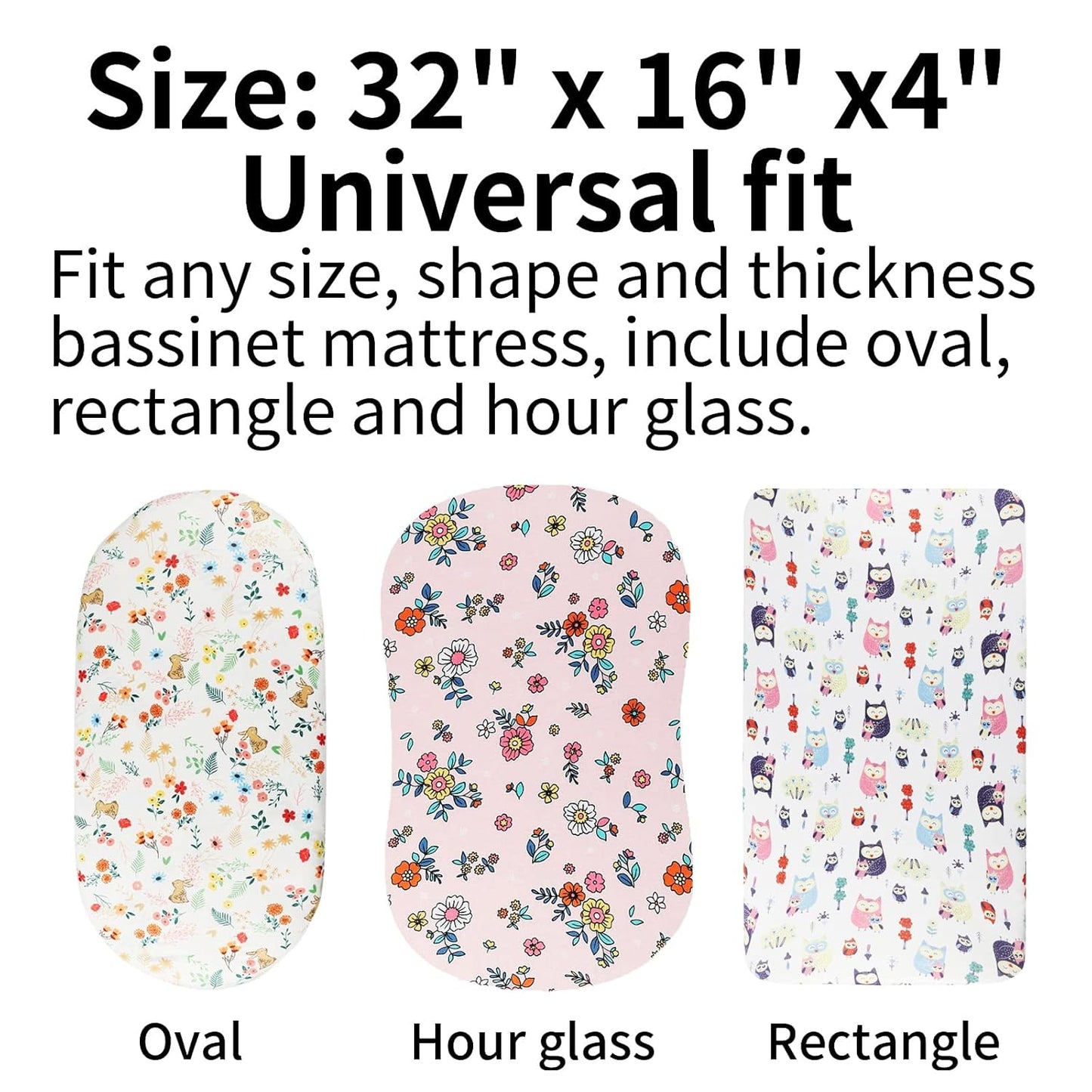 Onacosht Stretchy Bassinet Sheets 33" x 19" Compatible with Mika Micky, KoolaBaby (3 in 1), BabyBond, HARPPA and RICUTON Bedside Bassinet, 3 Pack for Baby Boy and Girl, Pink Floral