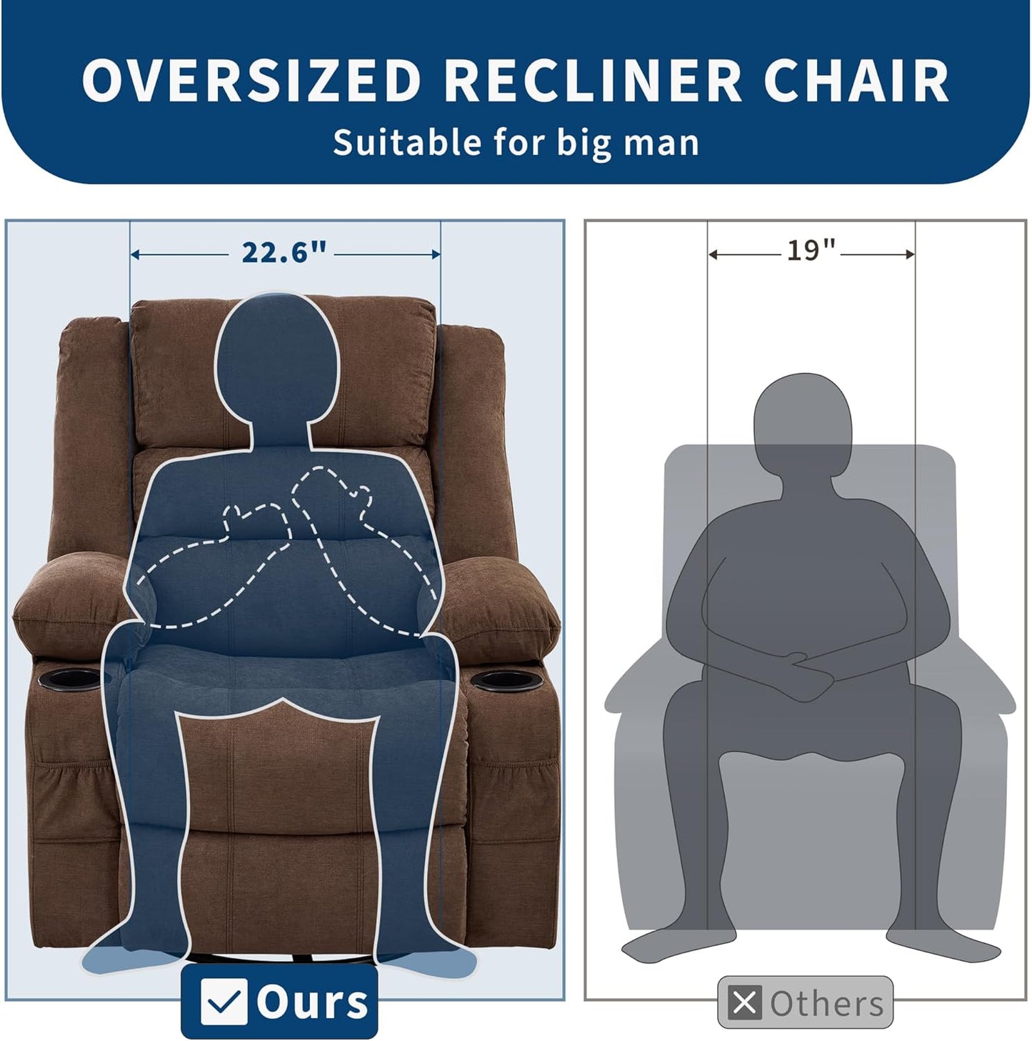 GarveeHome 360° Swivel Recliner Chair for Adult, Linen Rocker Chair with 3 Positions/2 Side Pockets/Cup Holders, Manual Nursery Glider Rocking Chair for Bedroom Living Room Office