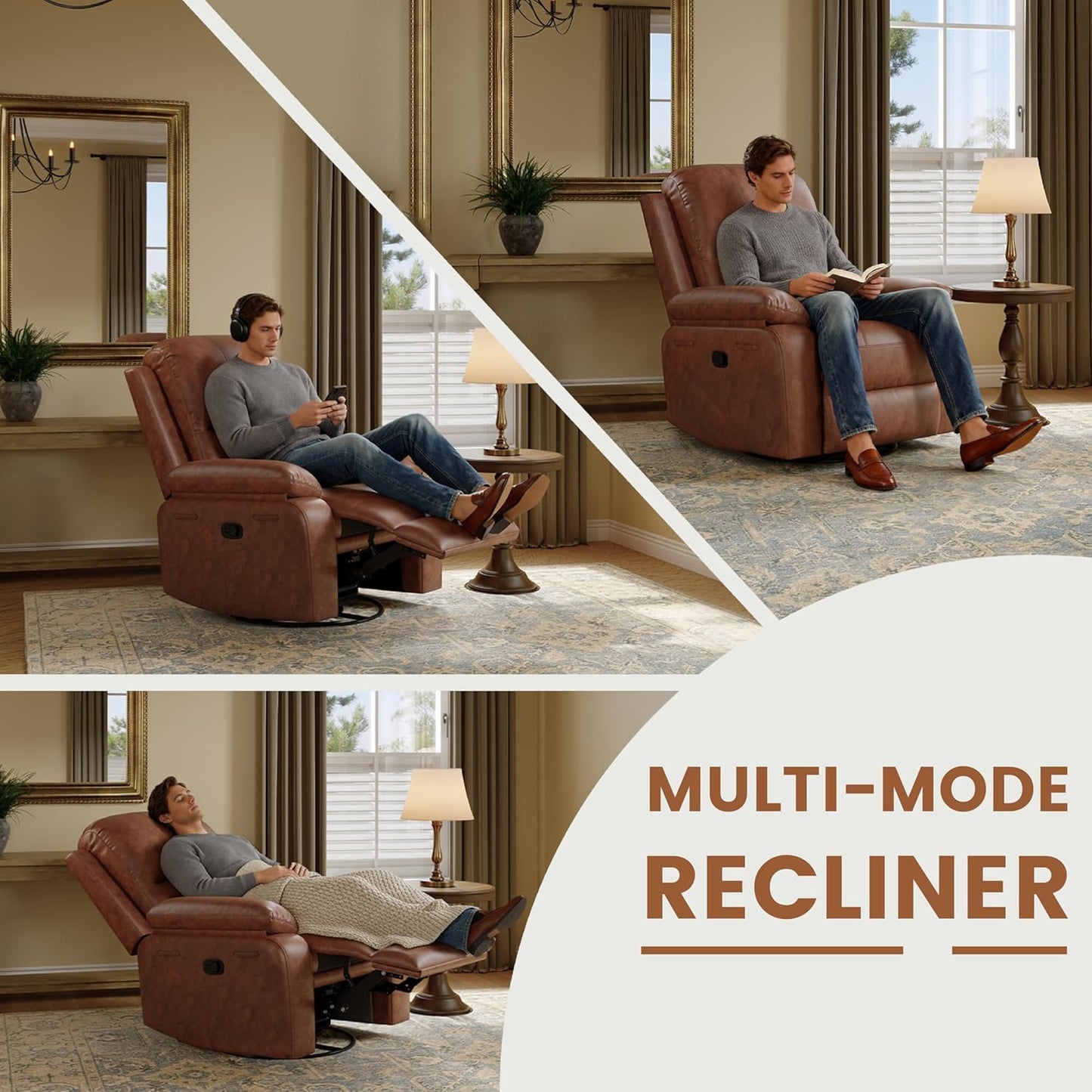 Leather Swivel Rocker Recliner Chair, Traditional Manual Chair, Upholstered Nursery Glider Rocking Recliner, Comfy Faux Leather Single Sofa with Pocket Spring for Living Room, Camel