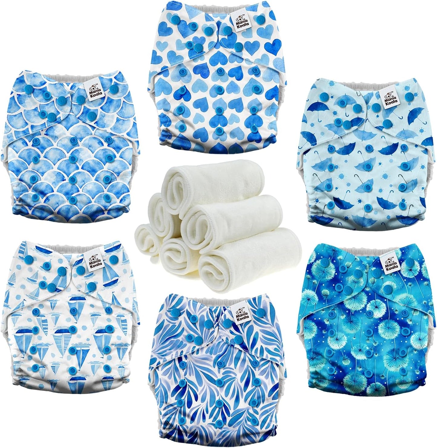 Mama Koala 3.0 Pocket Cloth Diapers for Babies with AWJ Lining, 6 Pack with 6 4-Layer Natural Cloth Diaper Inserts - Reusable and Washable Pocket Diapers(Hardworking Bees) - Colors A