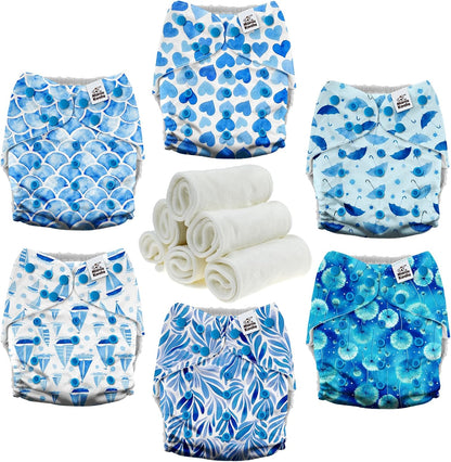 Mama Koala 3.0 Pocket Cloth Diapers for Babies with AWJ Lining, 6 Pack with 6 4-Layer Natural Cloth Diaper Inserts - Reusable and Washable Pocket Diapers(Hardworking Bees) - Colors A