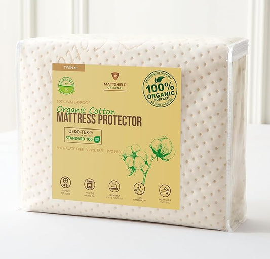 Luxury Waterproof Organic Mattress Protector Twin XL Size - Organic Cotton Breathable Mattress Pad Cover - Premium 380 GSM 3D Air Fabric - Deep Pocket - Jersey Cotton Skirt - Fitted Design