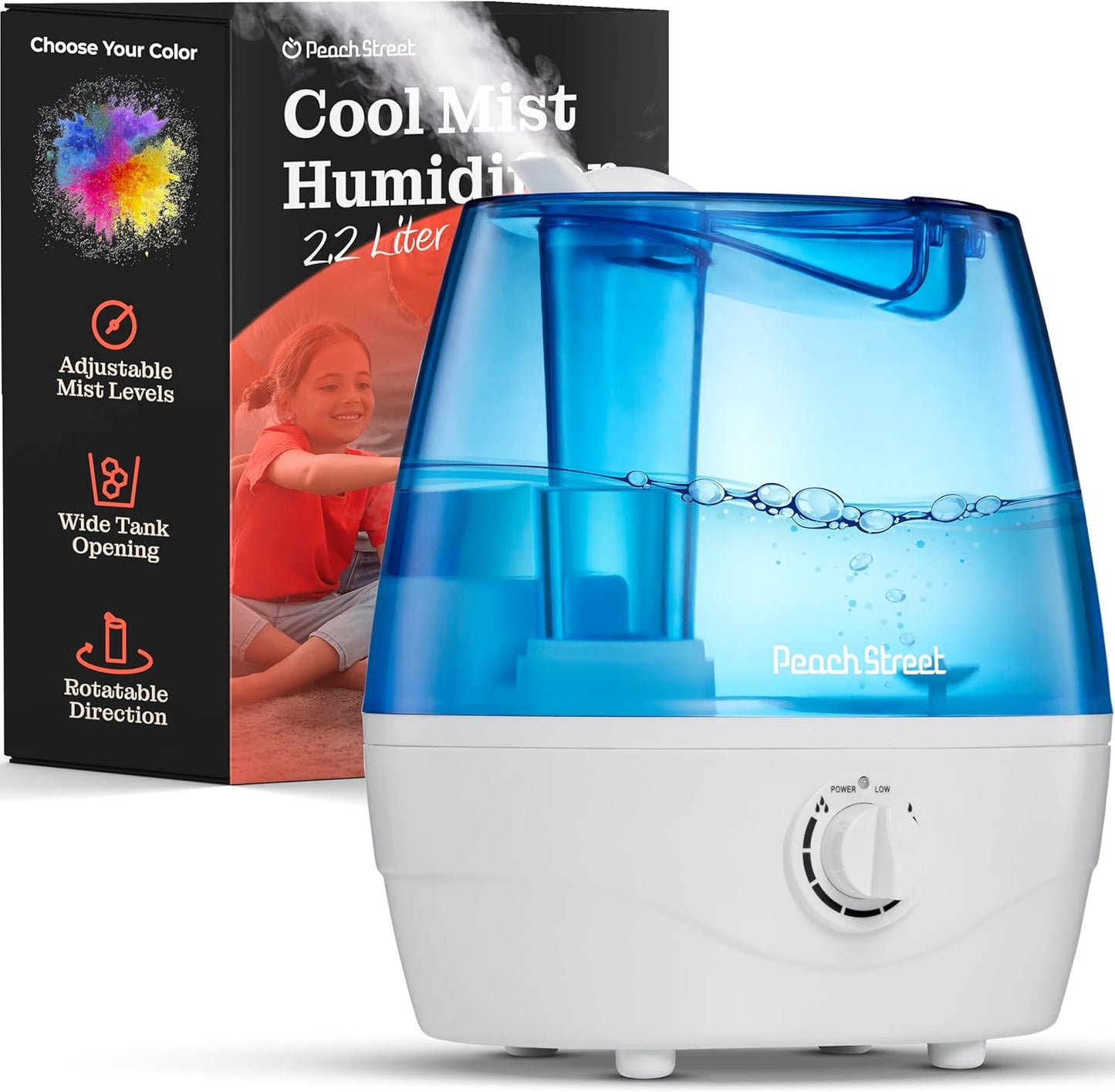 Cool Mist Humidifier - 2.2L Water Tank, for Bedroom, Baby, Quiet Ultrasonic Air Vaporizer, Adjustable Mist Level, 360 Nozzle Rotation, Auto-Shut Off, Large Area Humidifiers Easy Fill and Clean (Grey)