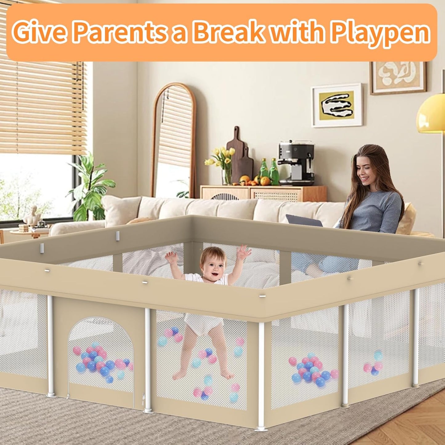 Foldable Large Baby Playpen 71"×71", Portable Playard for Babies & Toddlers, Lightweight Safety Baby Fence, No Installation, Indoor & Outdoor Playpen with 150 Ocean Balls, Beige